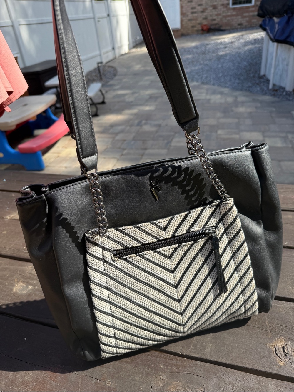 Black Tote Bag with Striped Front Pocket - Women's Shoulder Bag